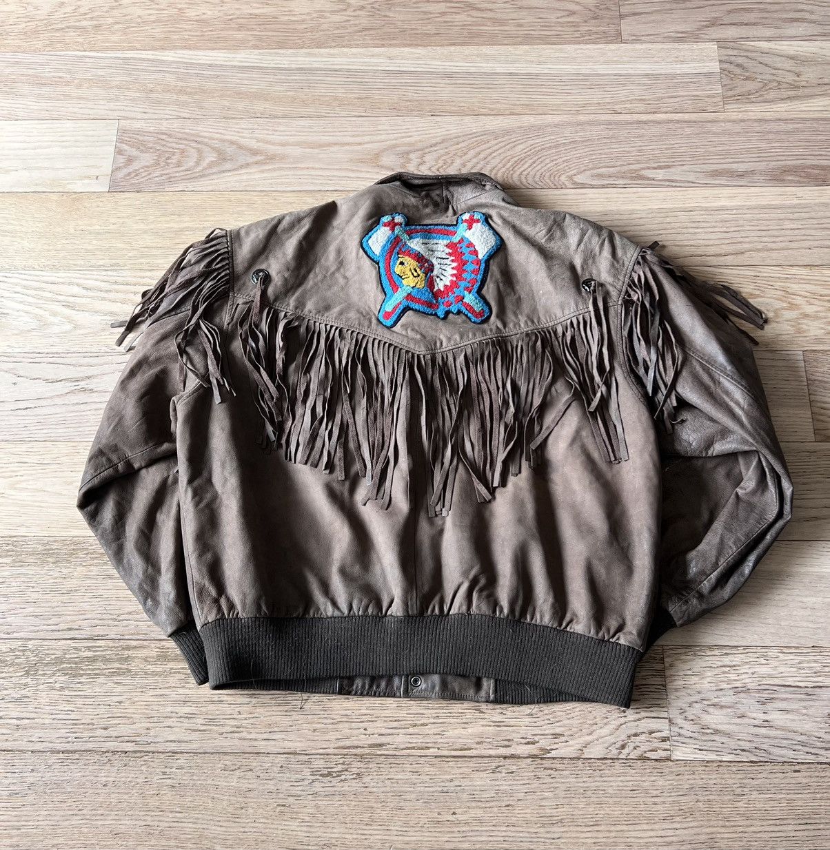 image of Vintage Leather Frill Jacket Indigenous Back Patch Cosa Nova in Brown, Men's (Size XL)