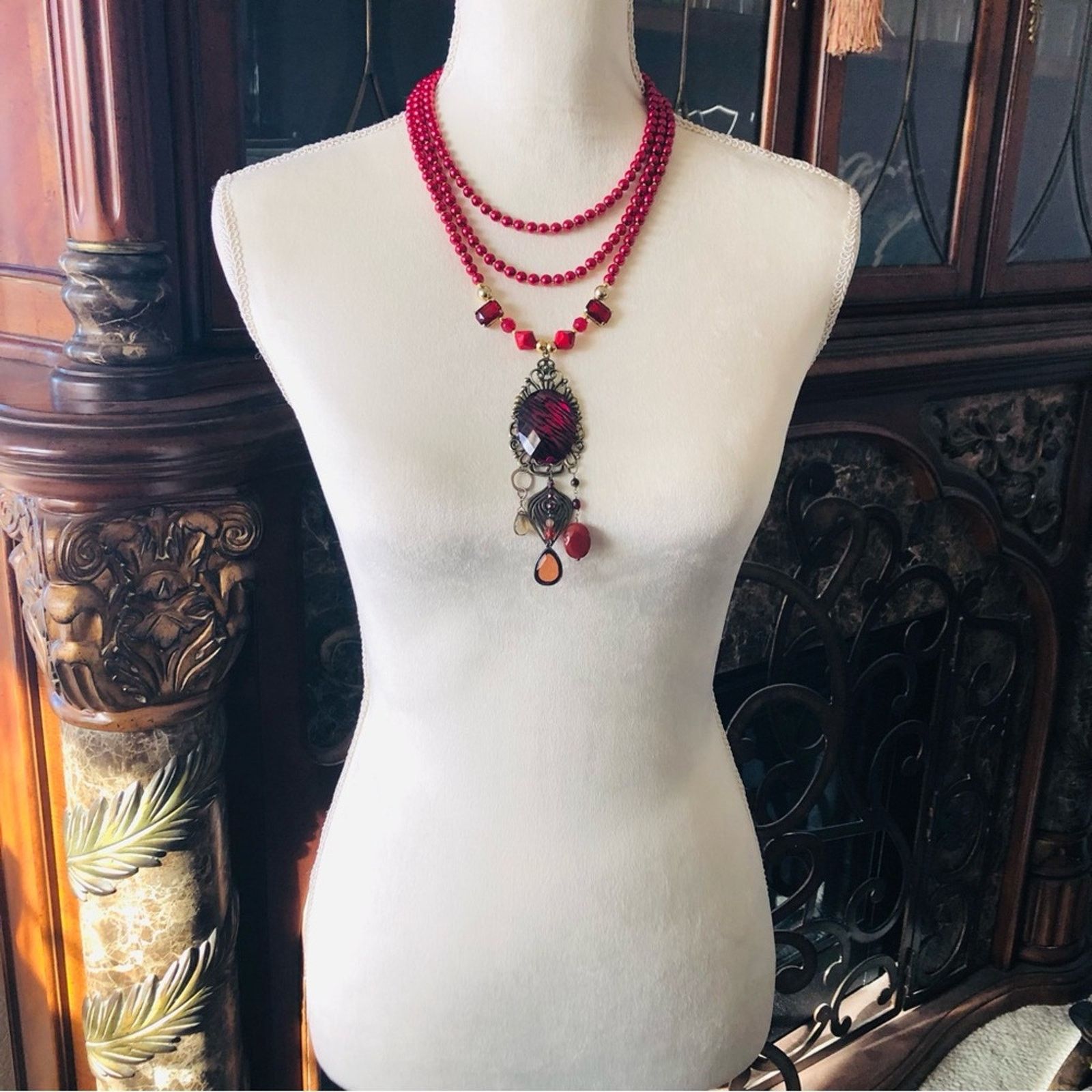 Handmade Handcrafted repurpose red filigree cameo Pearl necklace Size ONE SIZE - 6 Thumbnail