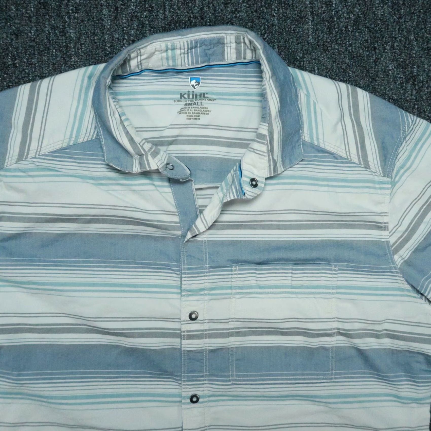 Vintage Kuhl Shirt Mens Small Blue Gray Intriguer SS Snap Striped Short Sleeve Hiking Size US S / EU 44-46 / 1 - 2 Thumbnail