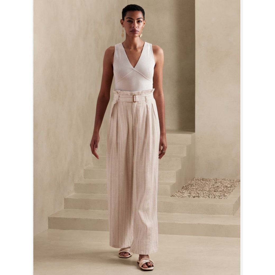 Banana Republic Linen-Blend Striped Paperbag Pant NWT