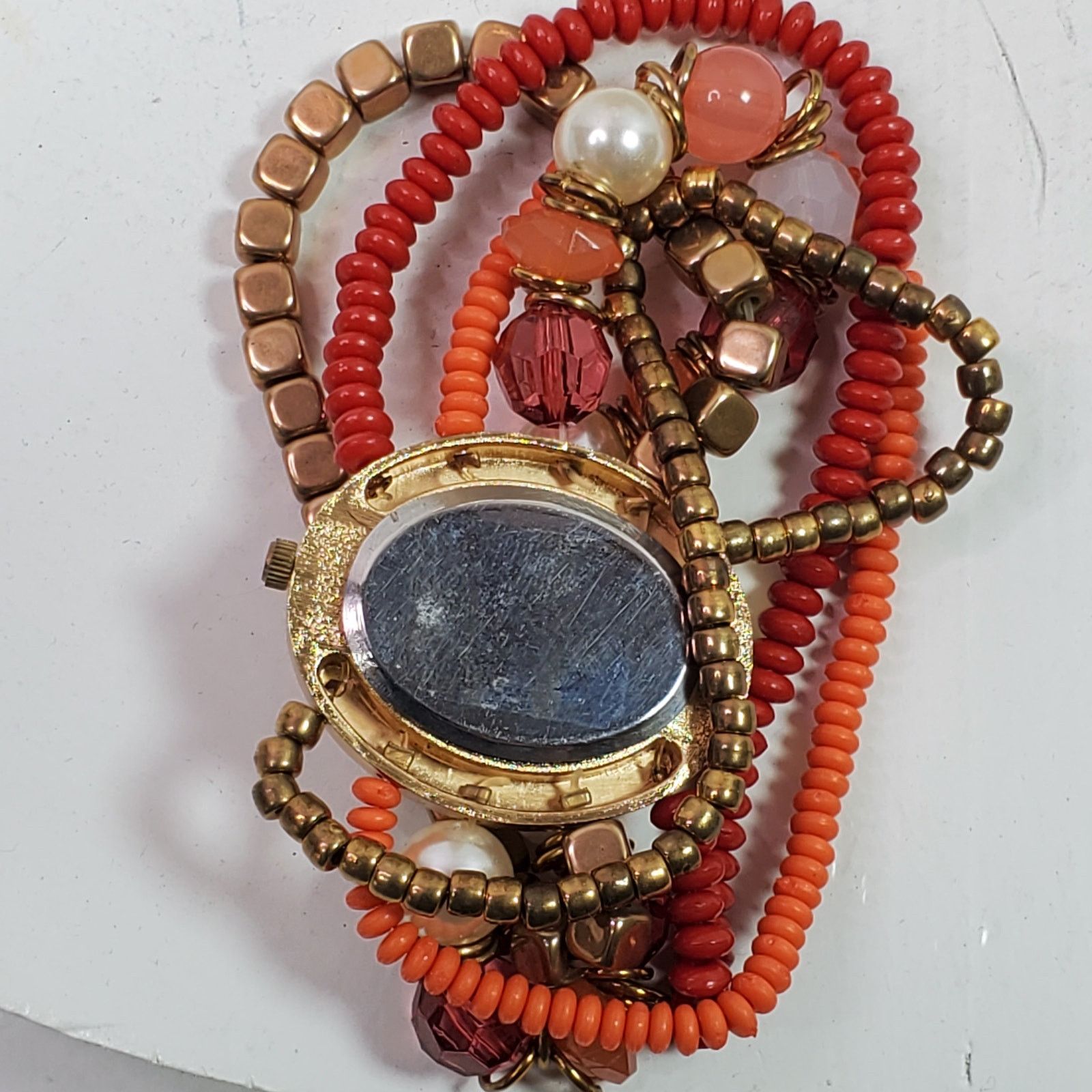 The Unbranded Brand L & J Beaded Wristwatch Multi Strand Red Pink Gold Tone Size ONE SIZE - 3 Thumbnail