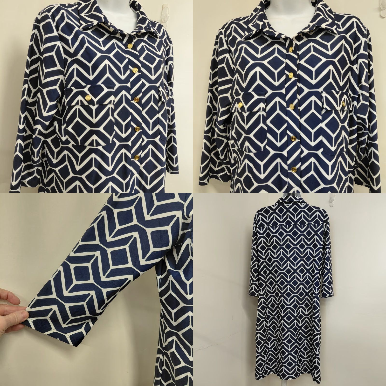 Vintage Jude Connally Shirt Dress Women's Large Blue/White Geometric Button Knit 3/4 Sleeve Knee Length VINTAGE? No, not vintage. Size L / US 10 / IT 46 - 8 Thumbnail