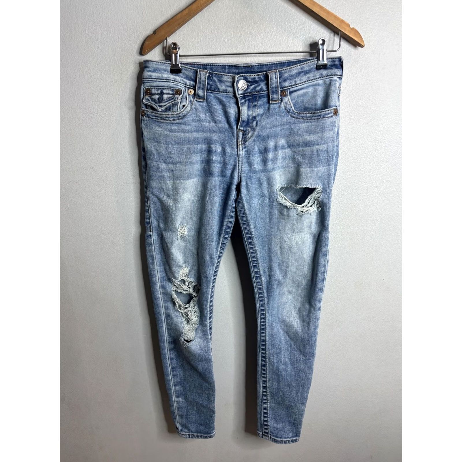 True Religion True Religion Jeans Womens 29 Blue Light Wash Distressed Skinny Denim Low Rise Slim Pockets Logo Buddha Vintage? No, not vintage. Size 29" - 2 Thumbnail