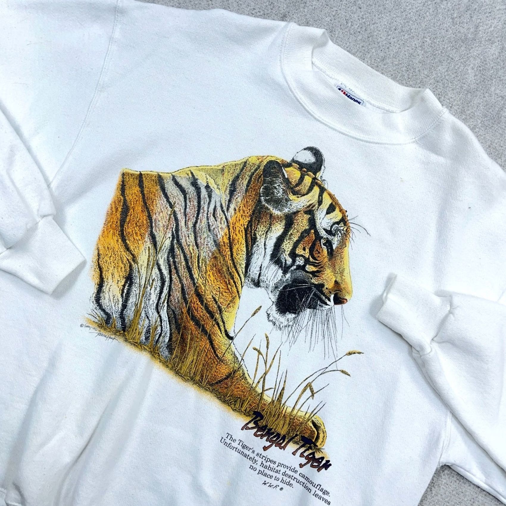 Hanes VINTAGE Hanes Sweatshirt Men XL White 90s Crewneck Pullover Regular Heavyweight Cotton Blend Logo Graphic Print Nature 90s USA Bengals Tiger Mens Size US XL / EU 56 / 4 - 6 Thumbnail
