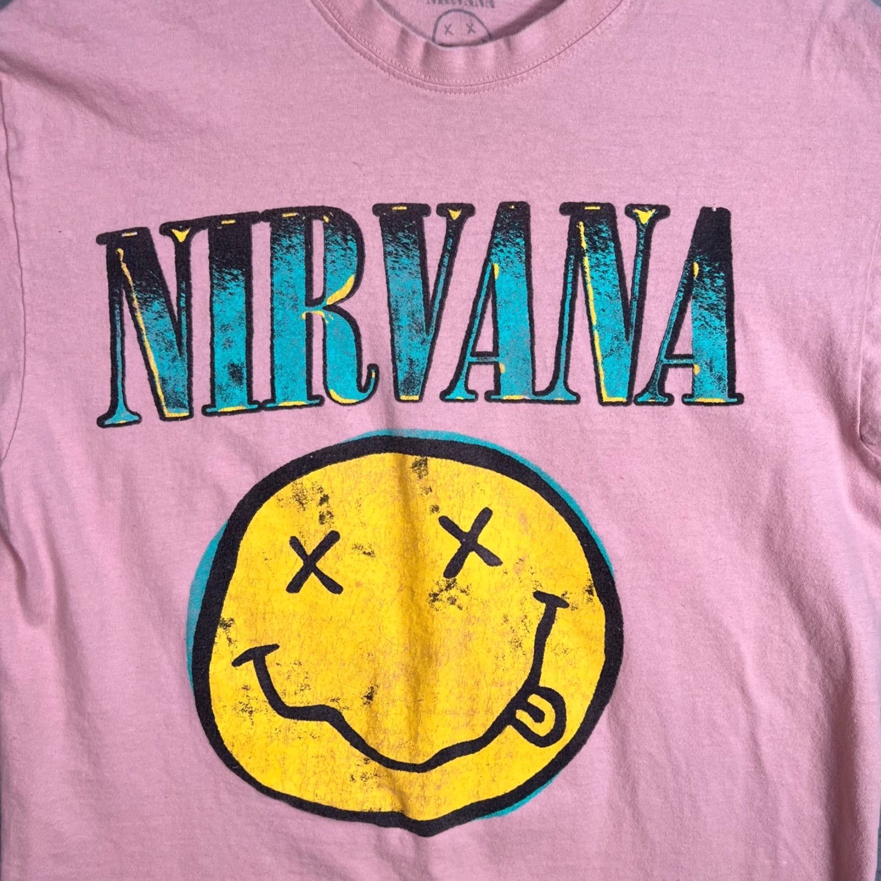 Pinko Nirvana Pink Graphic Tee Yellow Smiley Face Band Retro Size S/M Mens Size S / US 4 / IT 40 - 4 Thumbnail