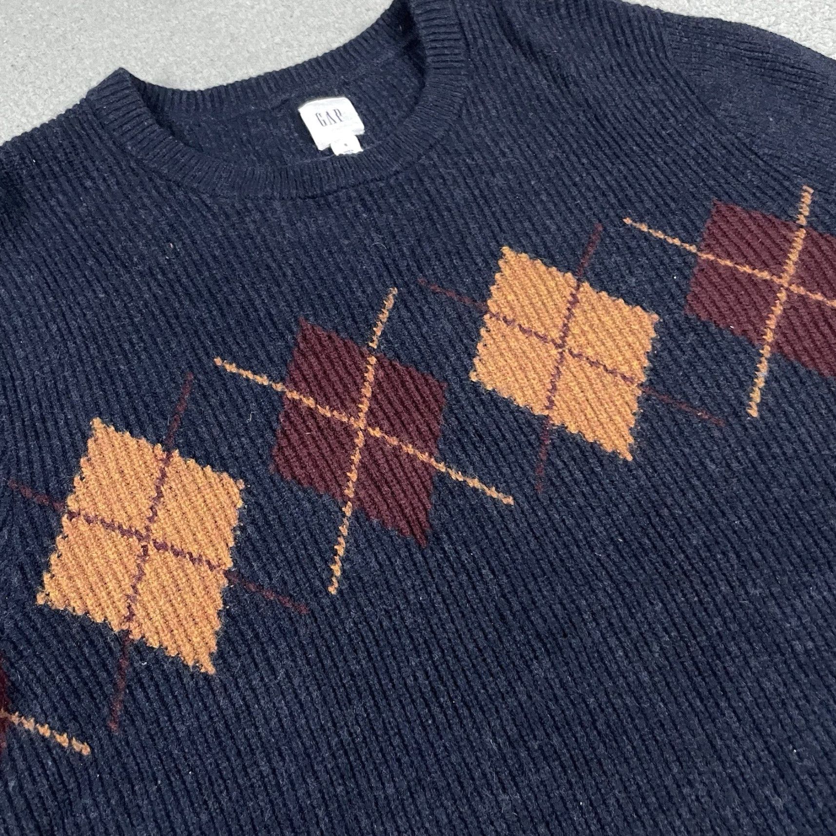 Gap VINTAGE GAP Sweater, Argyle Wool Knit, Blue, S, Pullover, Men, Classic, Preppy, 90s, Casual Knit, Fall Winter, Long Sleeve, Collarless, Navy Size US S / EU 44-46 / 1 - 3 Thumbnail