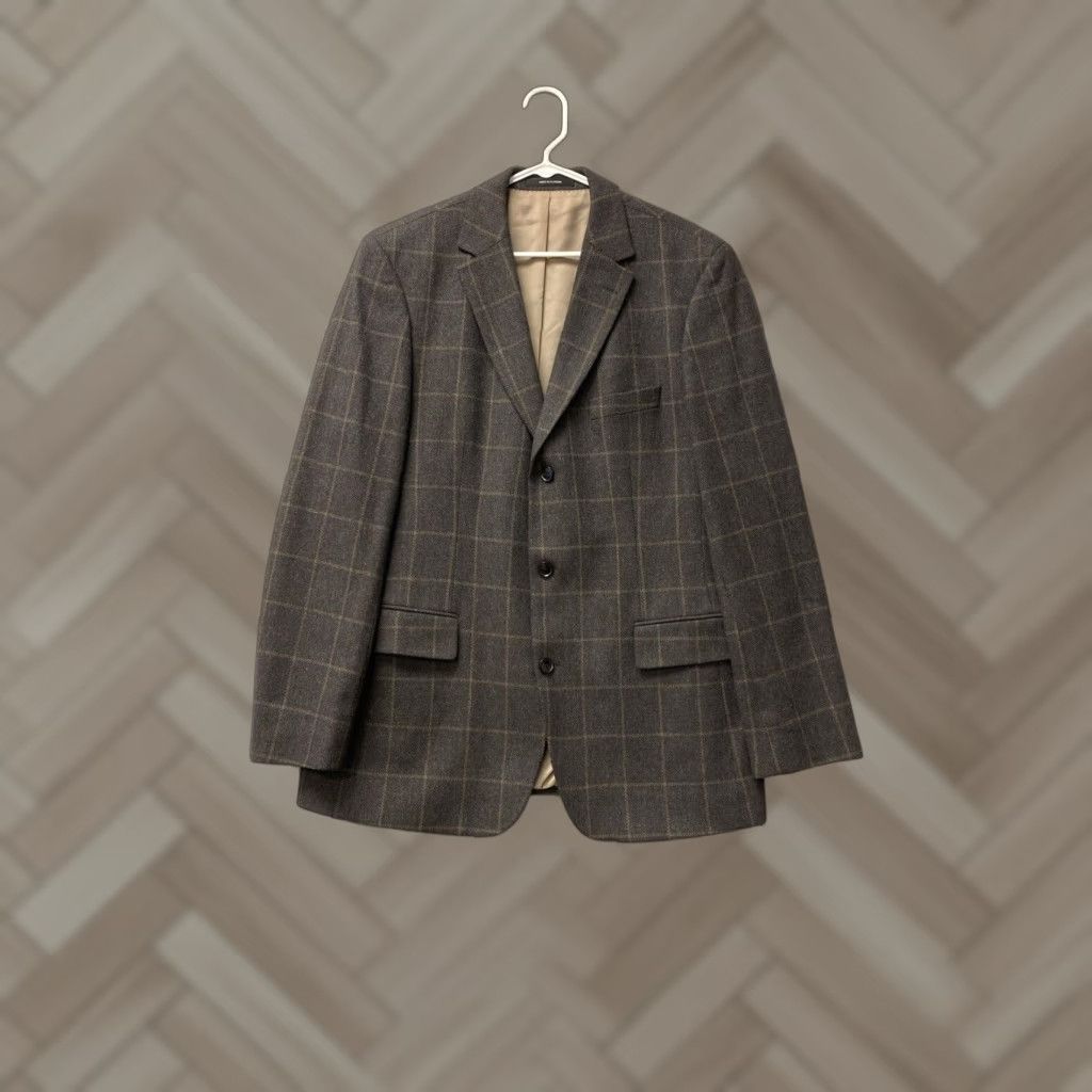 Hugo Boss Hugo Boss Blazer Mens 42L Brown Tweed Three-Button Sport Coat Check Regular Fit Double-Vented Size 42L - 1 Thumbnail