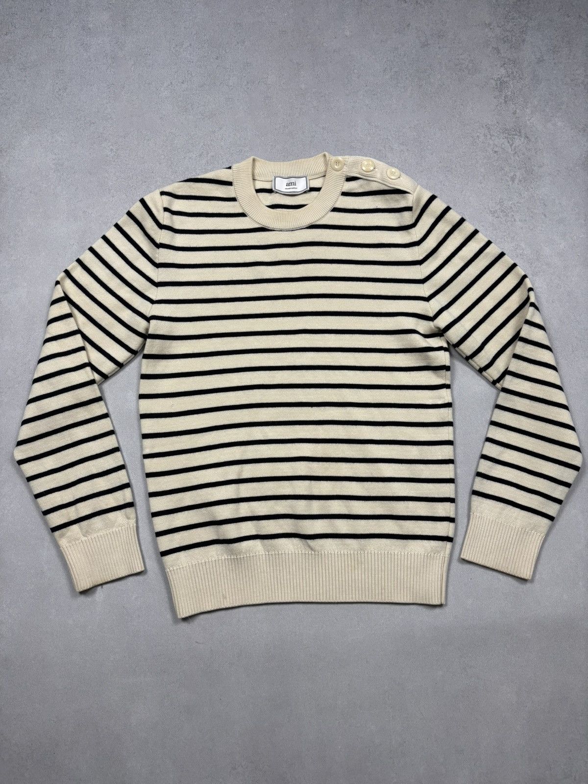 AMI AMI Merino Wool Striped Knit Sweater Button Shoulder Breton Size M / US 6-8 / IT 42-44 - 1 Thumbnail