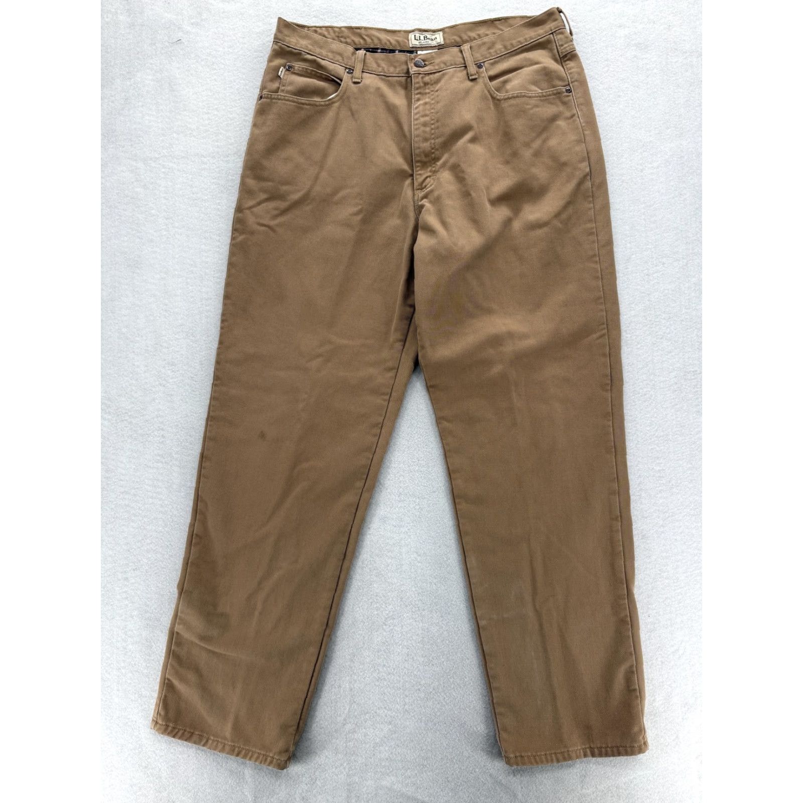 Vintage L.L. Bean Relaxed Fit Pants Mens 38x34 Khakis Flannel Lined 5-Pocket Coin Pocket Brown Beige Casual Workwear Regular Front Flat Tailored Size US 38 / EU 54 - 2 Thumbnail