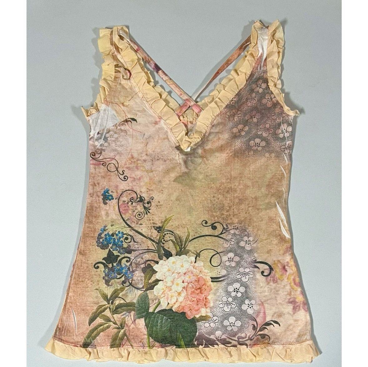 Claire Pettibone Tan Beige Floral Y2K Ruffle Tee Tank Top T-Shirt Blouse XS ✨ Size XS / US 0-2 / IT 36-38 - 3 Thumbnail