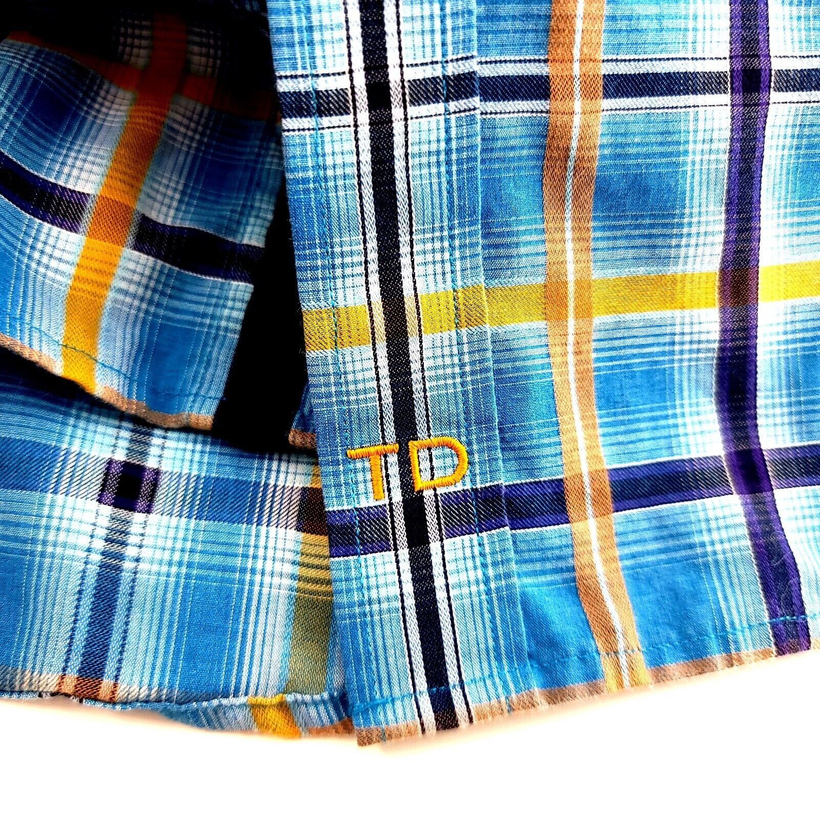 Designer Thomas Dean Small Blue Yellow Windowpane Flip Cuff Button Fr Size US S / EU 44-46 / 1 - 9 Thumbnail