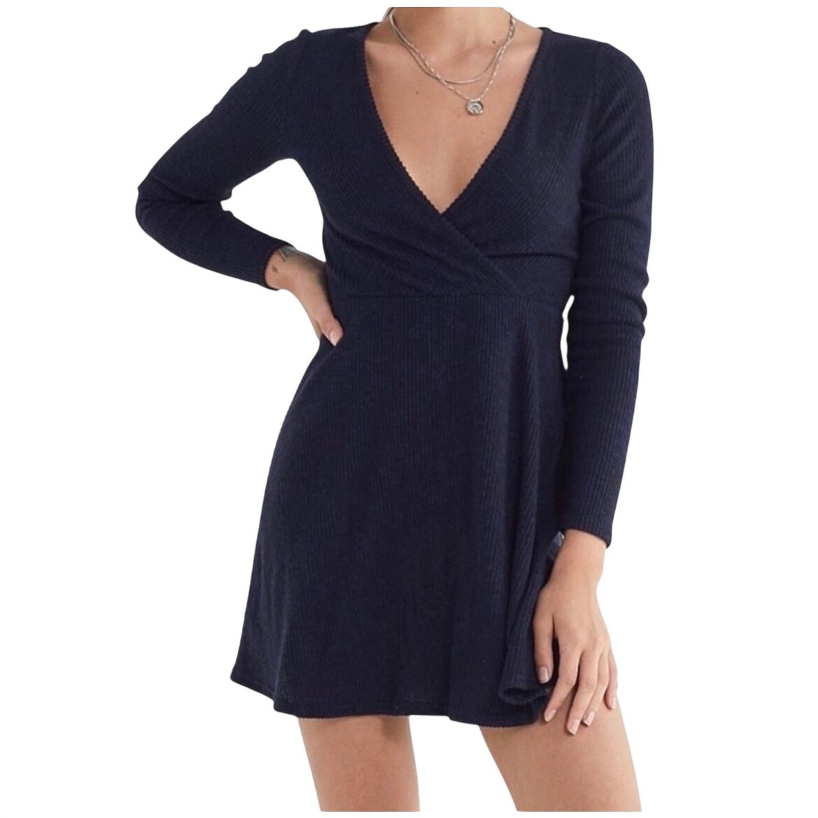 Urban Outfitters Navy Blue Long Sleeve Wrapped Neck Mini Ribbed Knit Dress Size M / US 6-8 / IT 42-44 - 1 Thumbnail