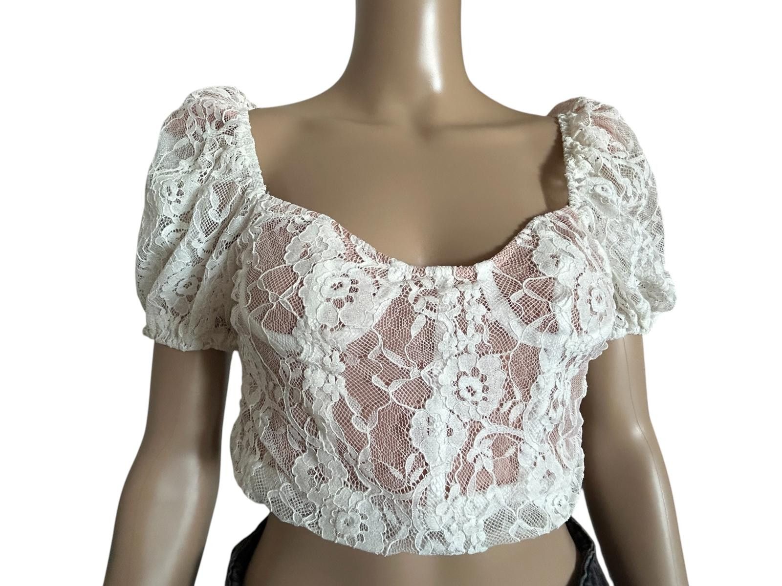 Designer Chic Lace Puff Sleeve Crop Top Size XS / US 0-2 / IT 36-38 - 1 Thumbnail
