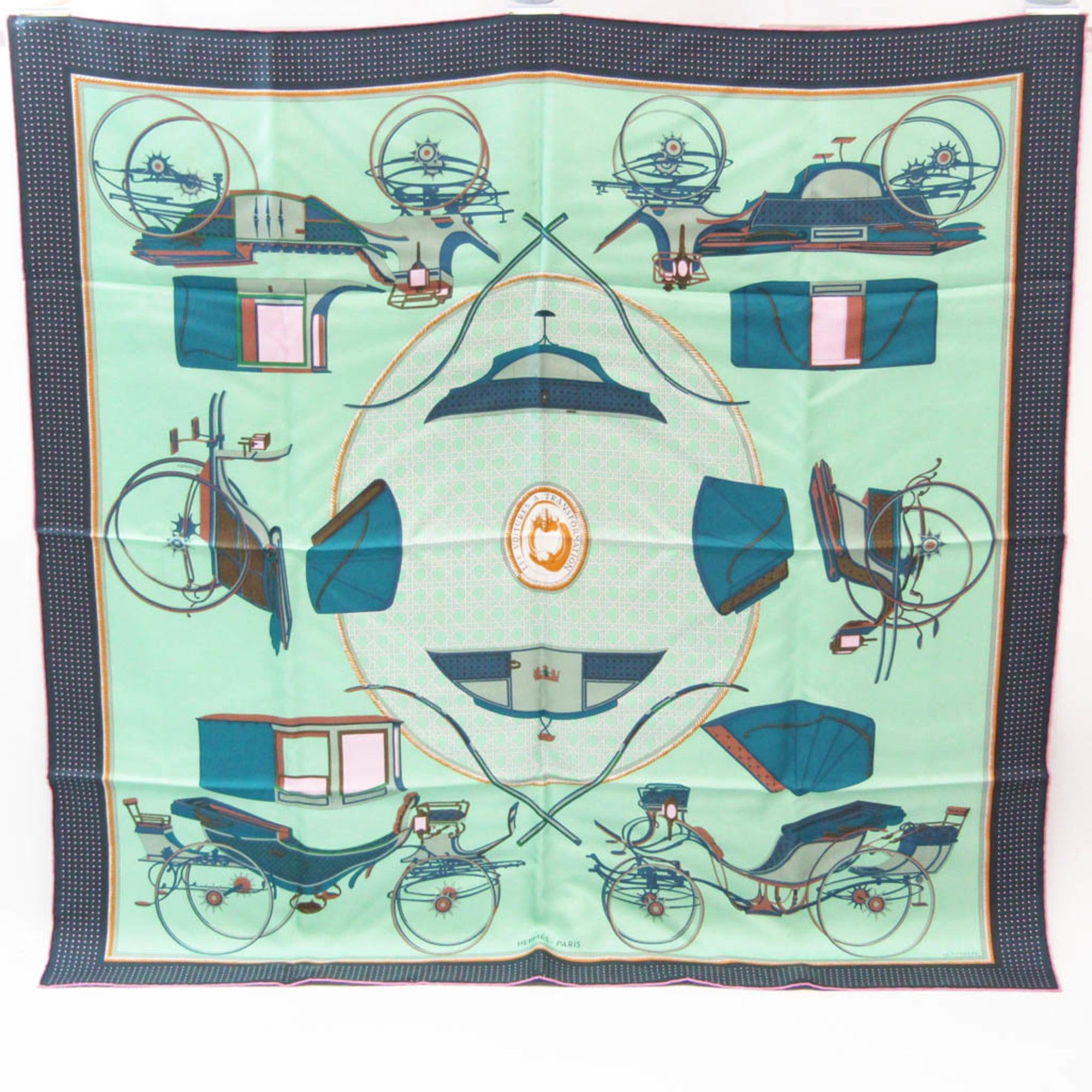 image of Hermes Carres90 Les Voitures A Transformation Women's Silk Scarf Light Green,multi-Color in Black