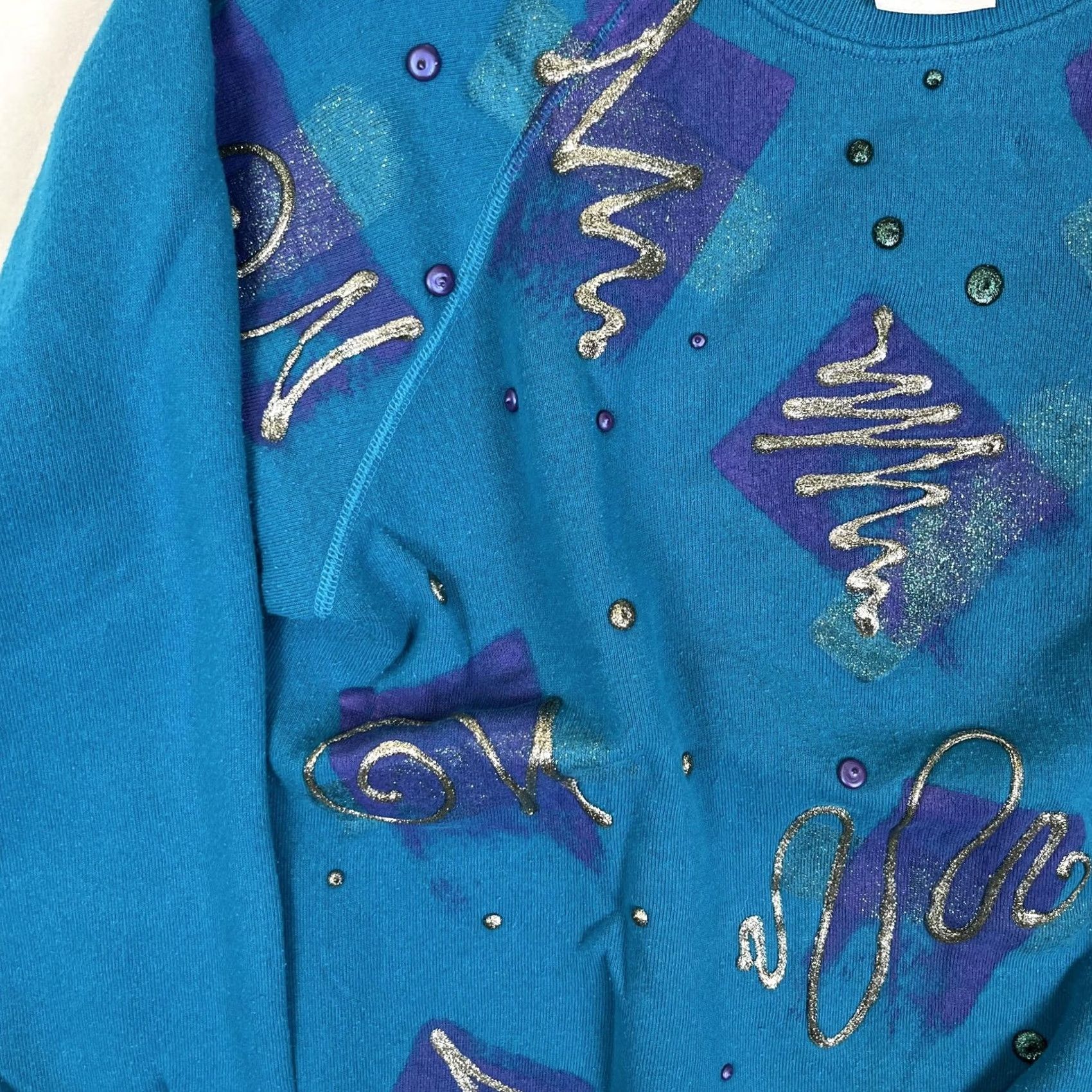 Hanes VINTAGE Hanes Sweatshirt Womens Large Blue Fleece 80s Glitter Studded Graphic Size L / US 10 / IT 46 - 2 Thumbnail
