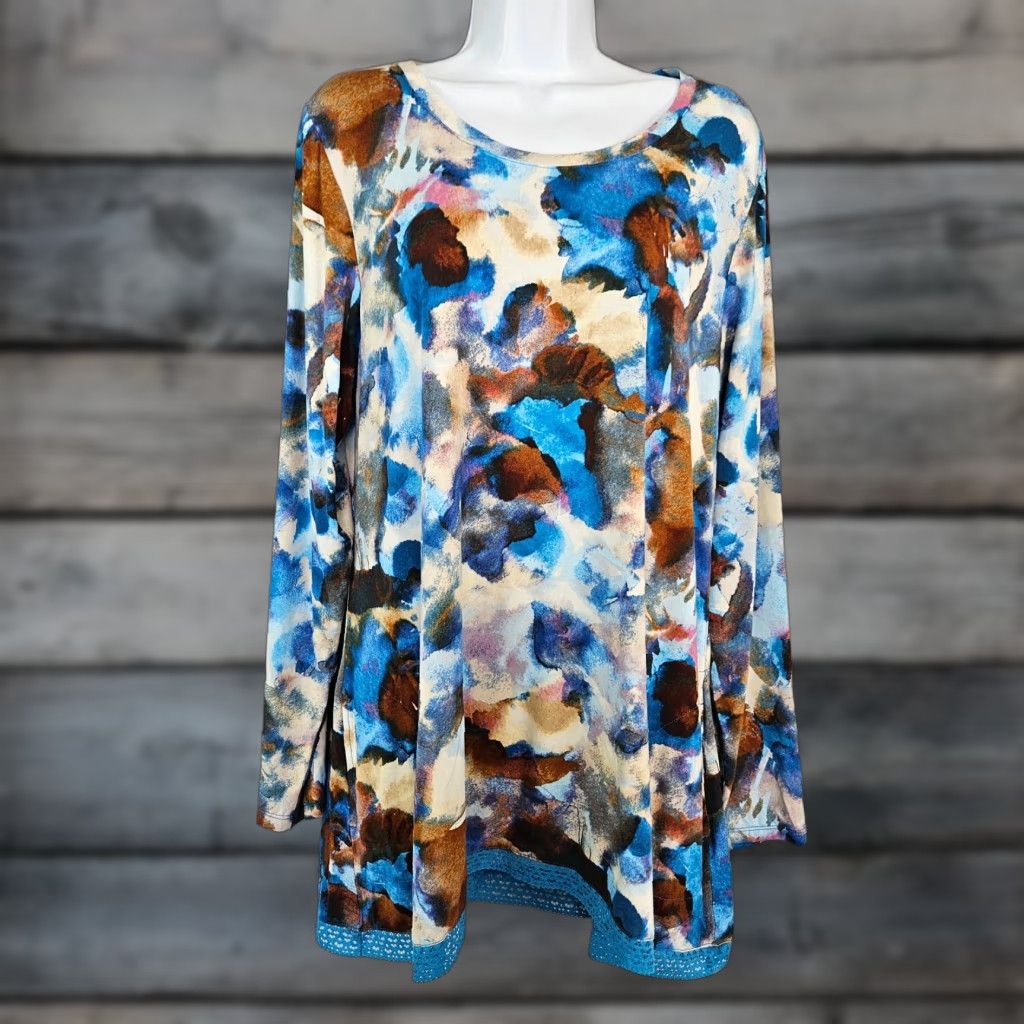 Vintage LOGO Lori Goldstein Womens Top Blouse Long Sleeve Size L Blue Brown Rayon Spandex Fit Basic 90s? Size L / US 10 / IT 46 - 1 Thumbnail