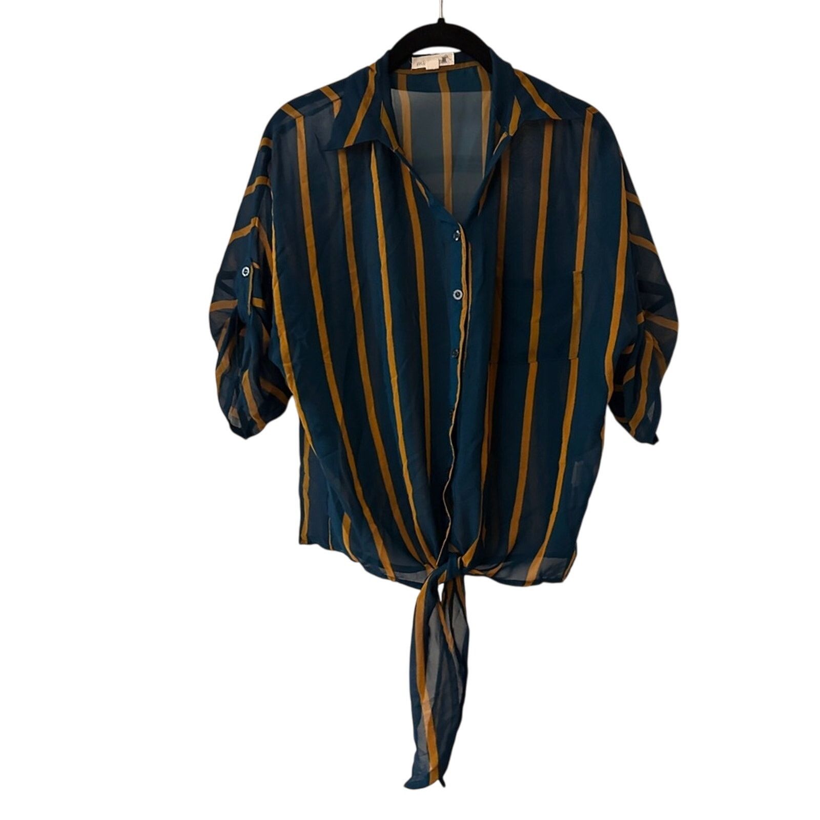Other Mine blue and yellow striped chiffon blouse size large Size L / US 10 / IT 46 - 1 Thumbnail