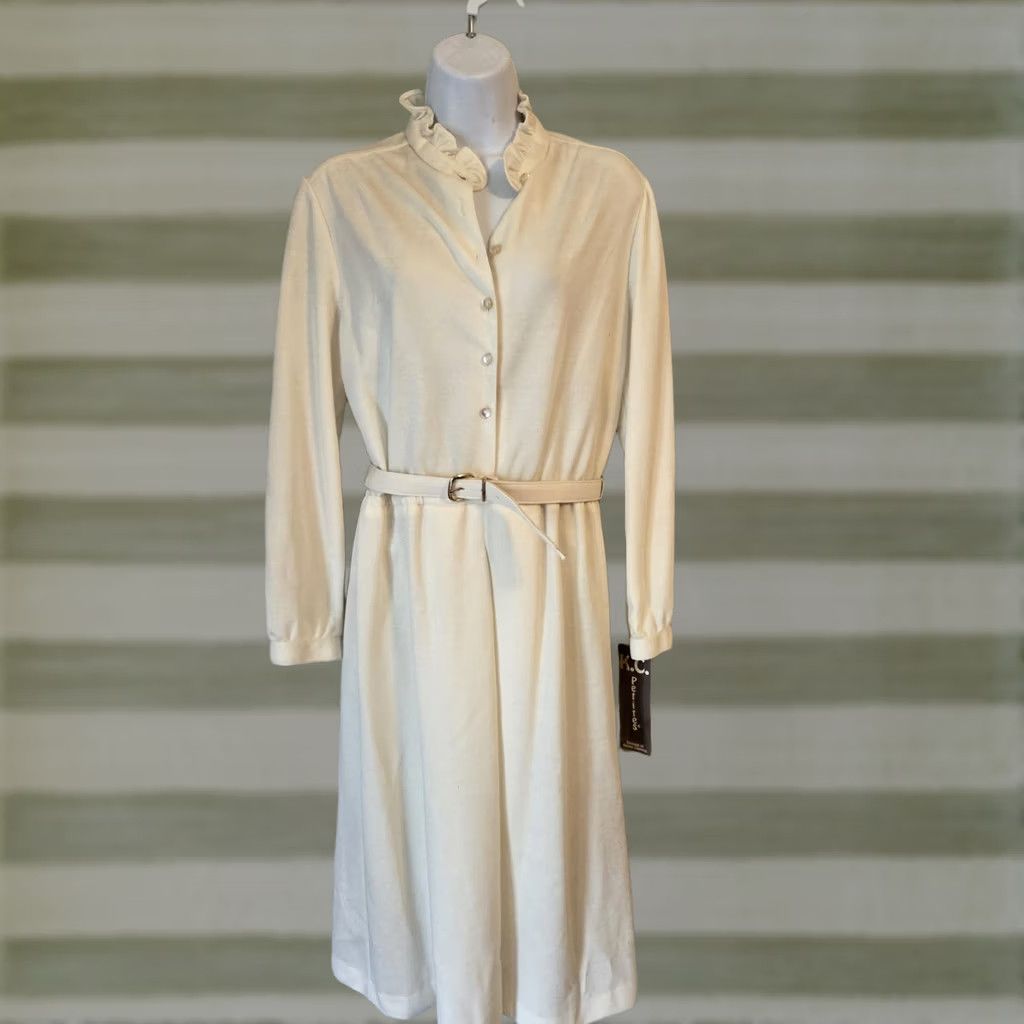 Vintage VINTAGE KC Petites A-line Dress Ivory 12P With Tags Belt Ruffle Collar 80s Shirt Dress Womens Size XL / US 12-14 / IT 48-50 - 1 Thumbnail
