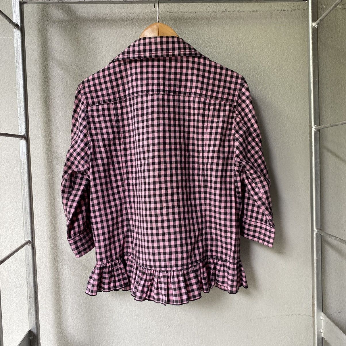 Japanese Brand ALGONGUINS Y2K Punk Pink Black Gingham Ruffle Blouse Size M / US 6-8 / IT 42-44 - 14 Thumbnail