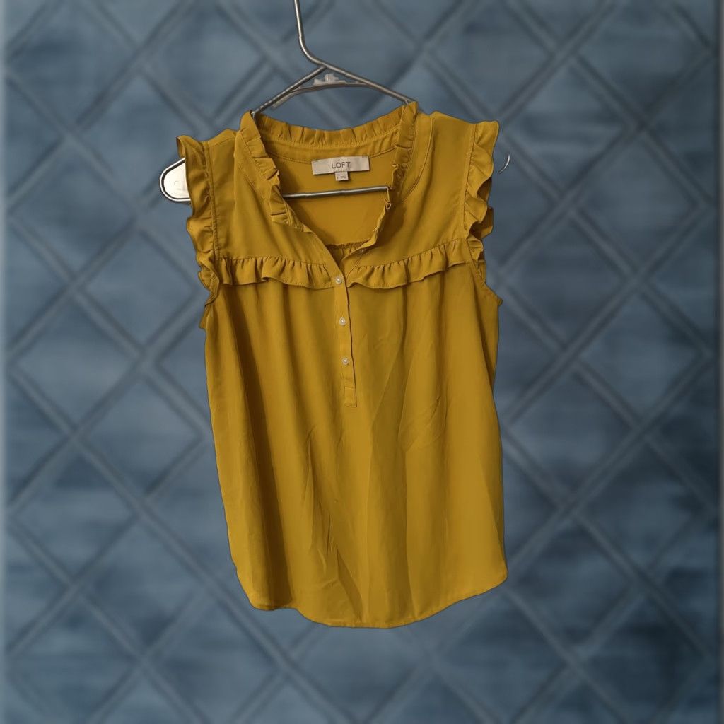 Loft LOFT Shirt Women Sleeveless Yellow High Neck Button Ruffle Blouse Top S Casual Party/Cocktail Travel Knit Rayon Regular Summer Fall Spring Women Size S / US 4 / IT 40 - 1 Thumbnail