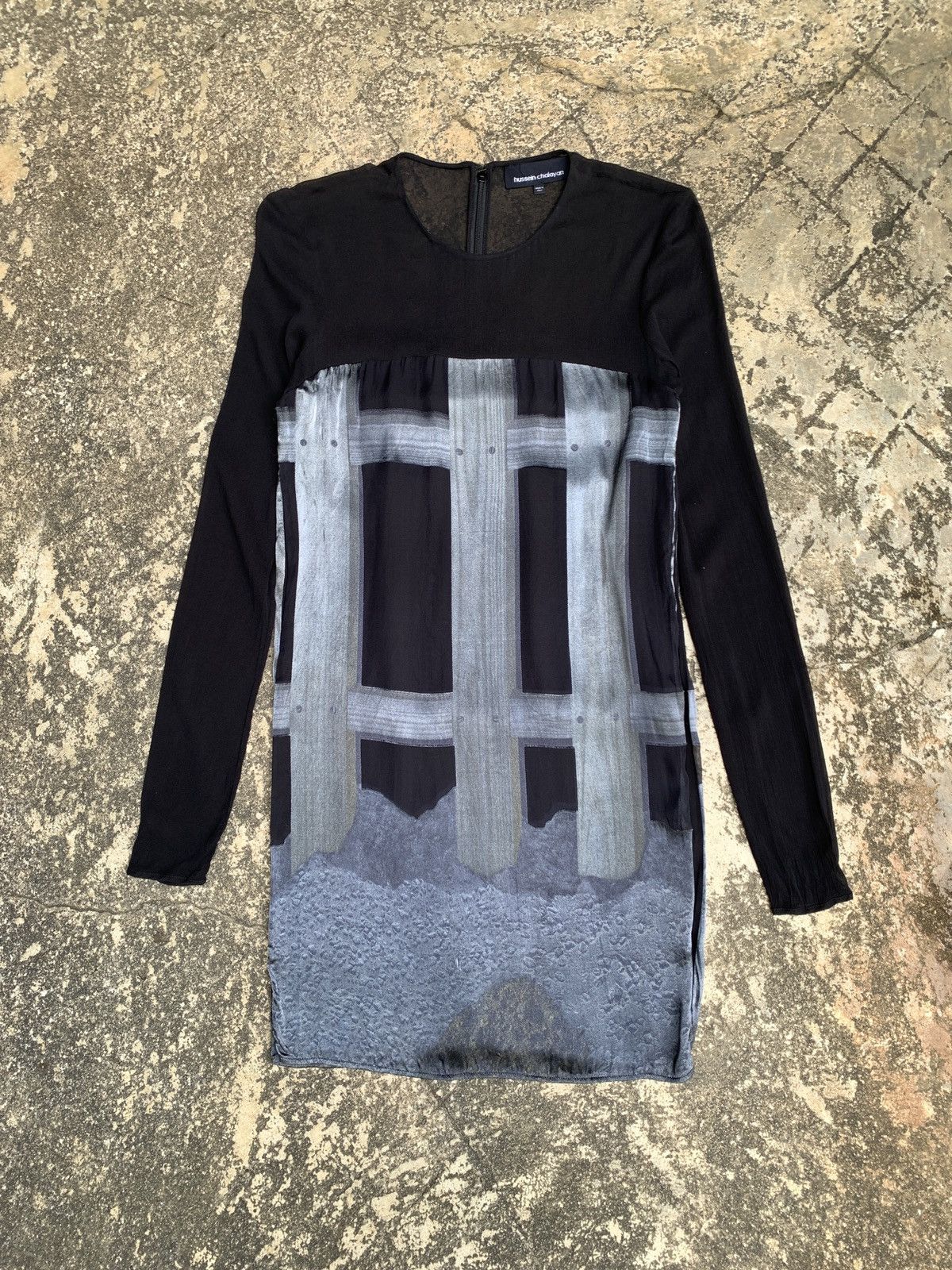 Hussein Chalayan Silk Overlay Graphic Mesh Mini Dress