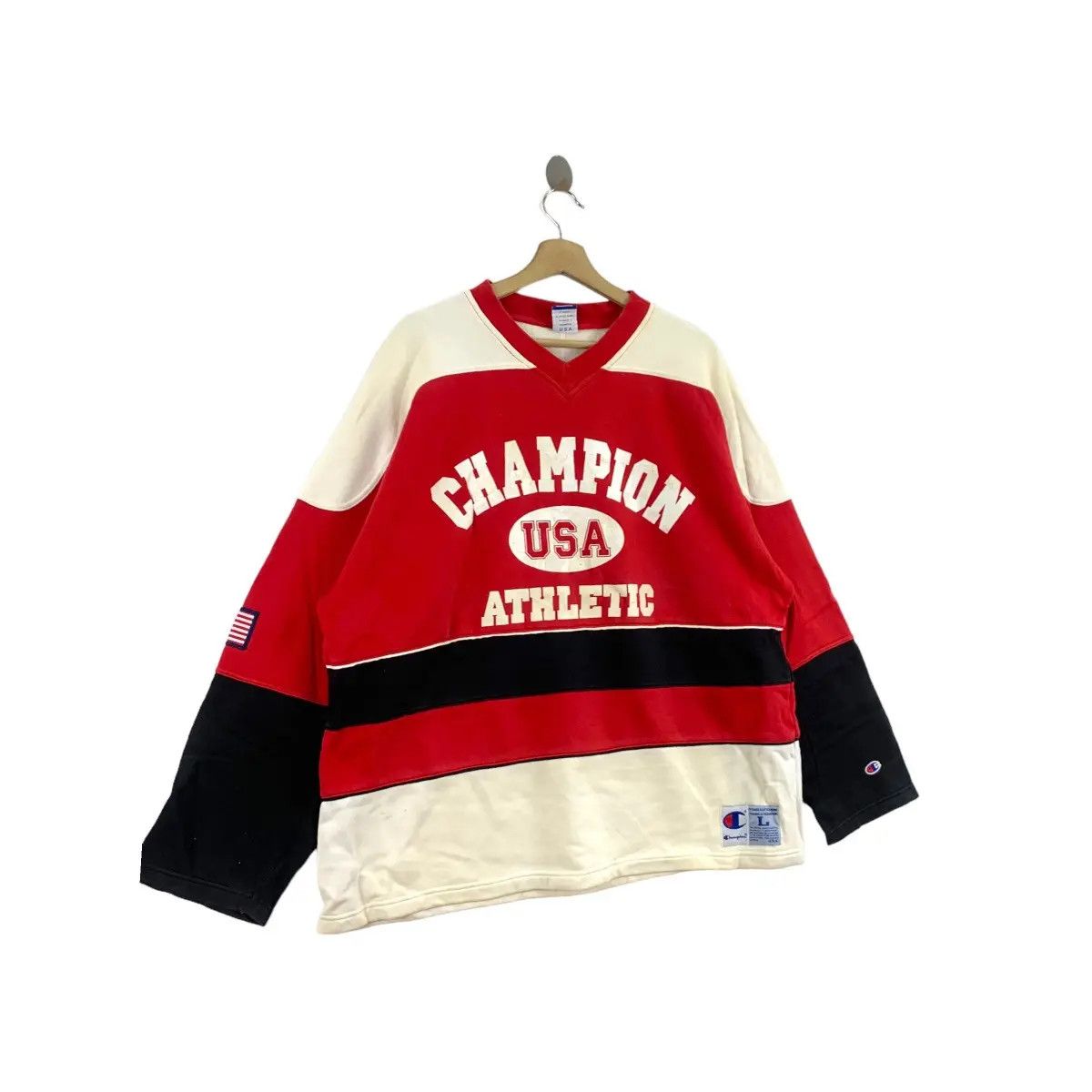 Champion Vintage CHAMPION USA ATHLETIC Striped V Neck Sweatshirt Size L / US 10 / IT 46 - 2 Thumbnail