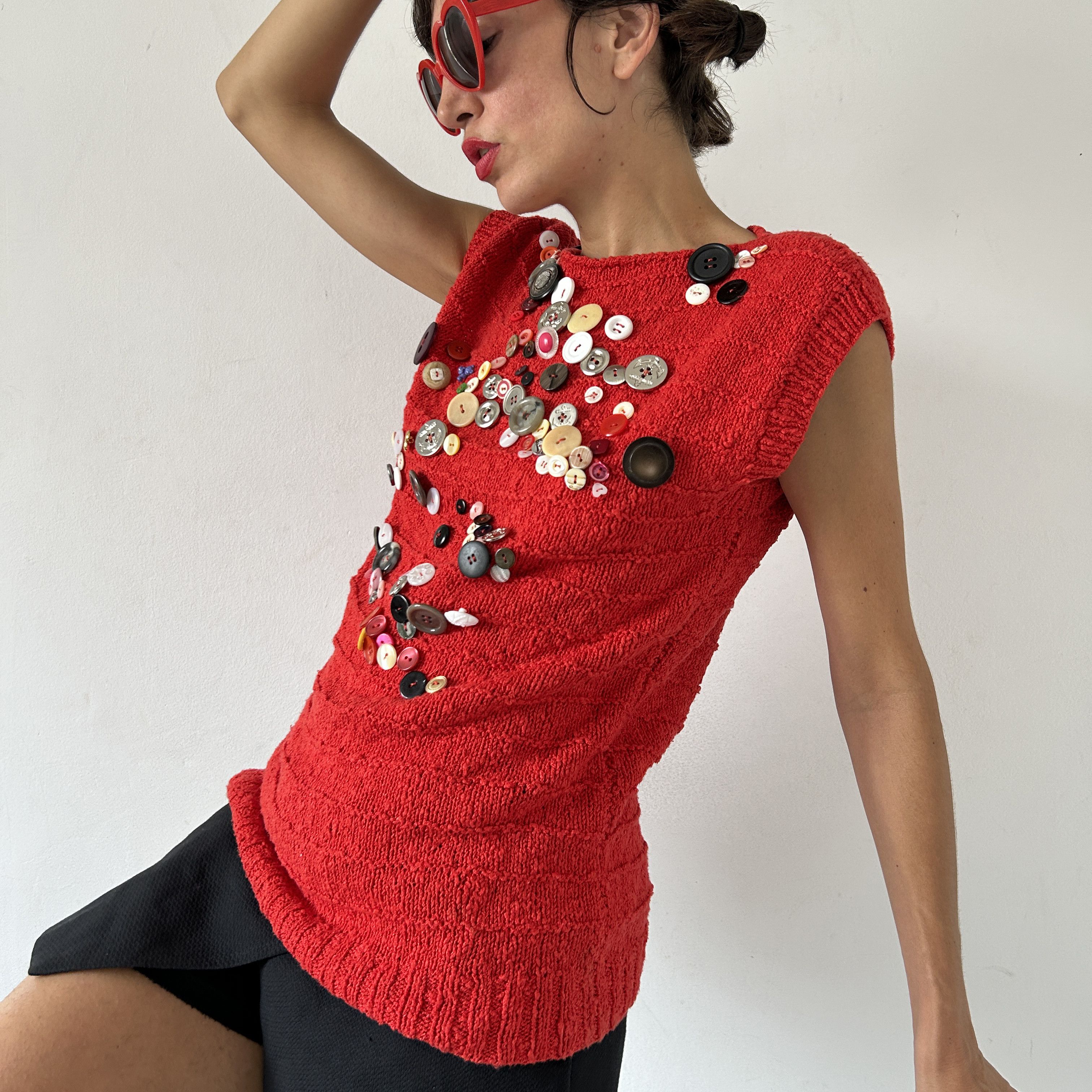 Custommade Reworked Hand-Knit Red Vest: Vintage Button Embellished Top Size ONE SIZE - 7 Thumbnail