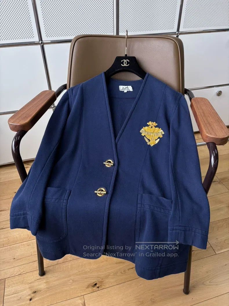 Hermes Hermes Vintage navy blue V-neck embroidered badge college Size S / US 4 / IT 40 - 4 Thumbnail