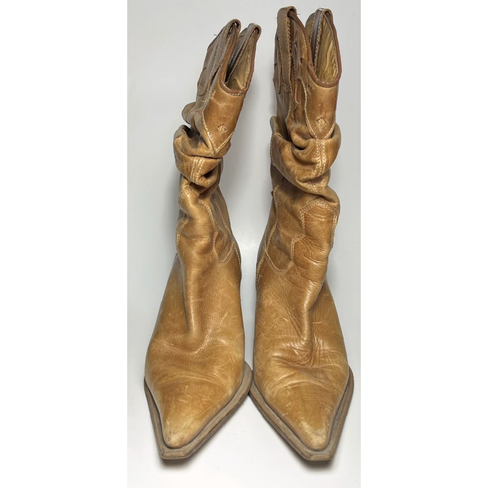 Vintage DESTROY Vintage Western Slouch Boots Tan Leather 37 / 6.5 Brown Tooled Pointed Toe Female Women Cowboy Western Boots Size US 7 / IT 37 - 5 Thumbnail
