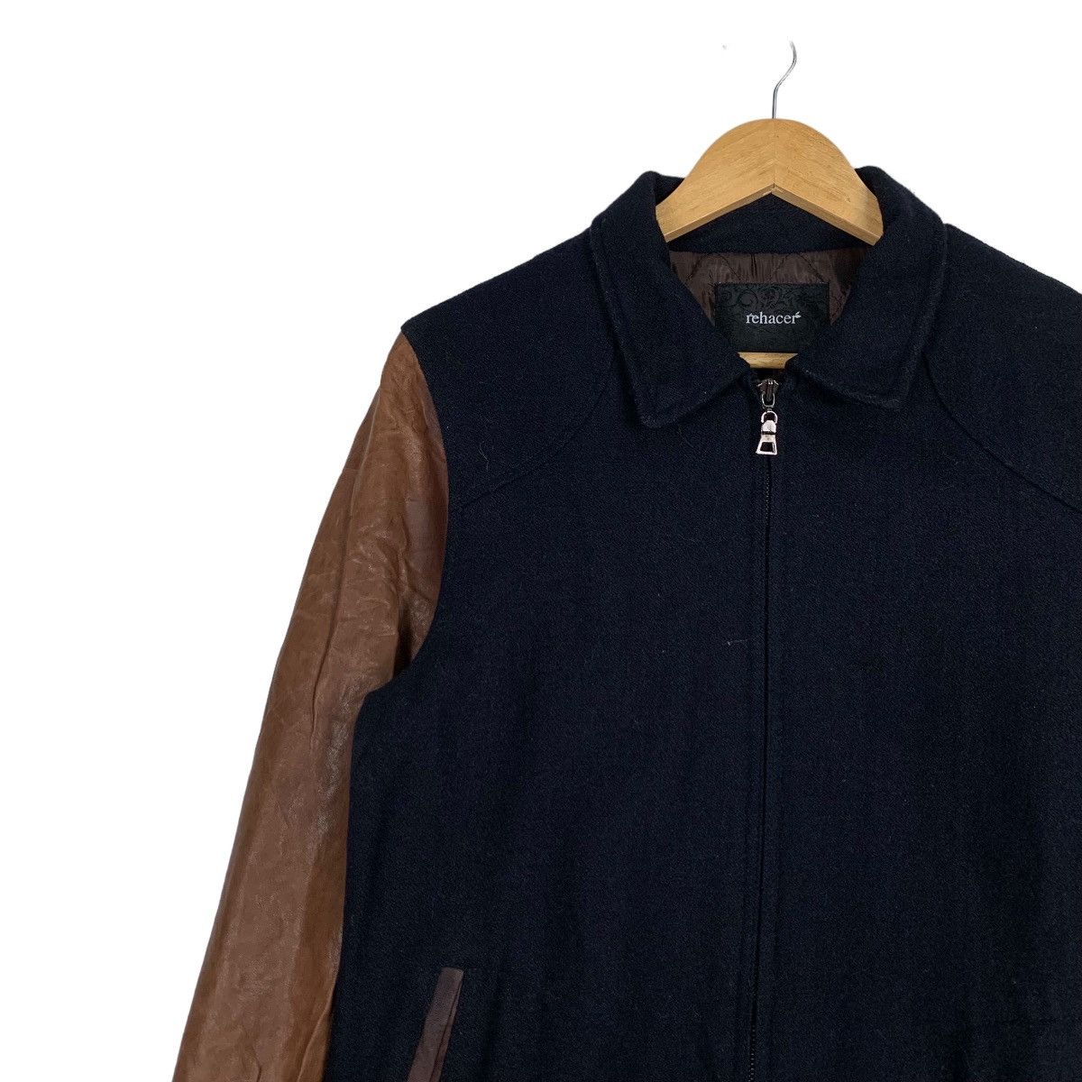 Japanese Brand REHACER Sheepskin Sleeve Navy Wool Bomber Jacket #1031-C46 Size US M / EU 48-50 / 2 - 6 Thumbnail