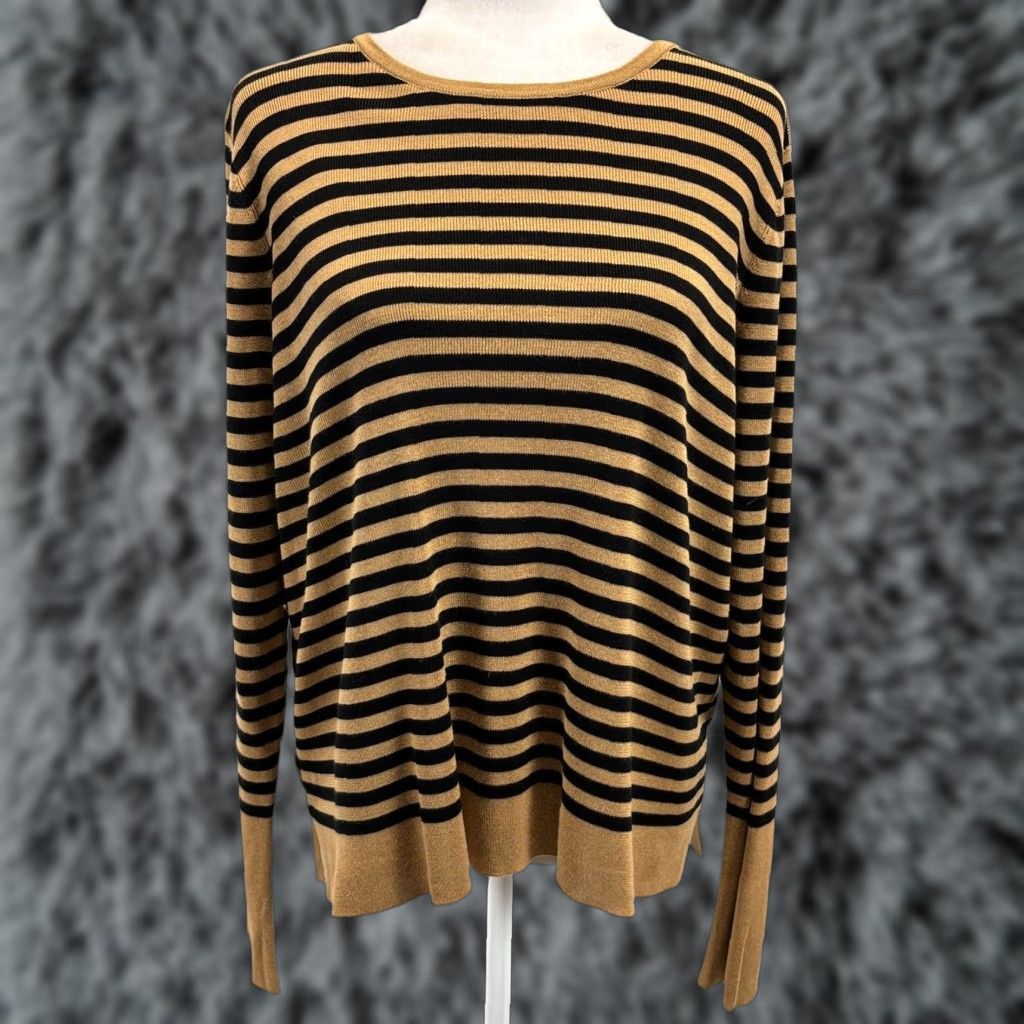 Eileen Fisher VINTAGE Eileen Fisher Knit Sweater Shirt Women’s Large Striped Silk Blend Black Brown Classic Lagenlook Size L / US 10 / IT 46 - 1 Thumbnail
