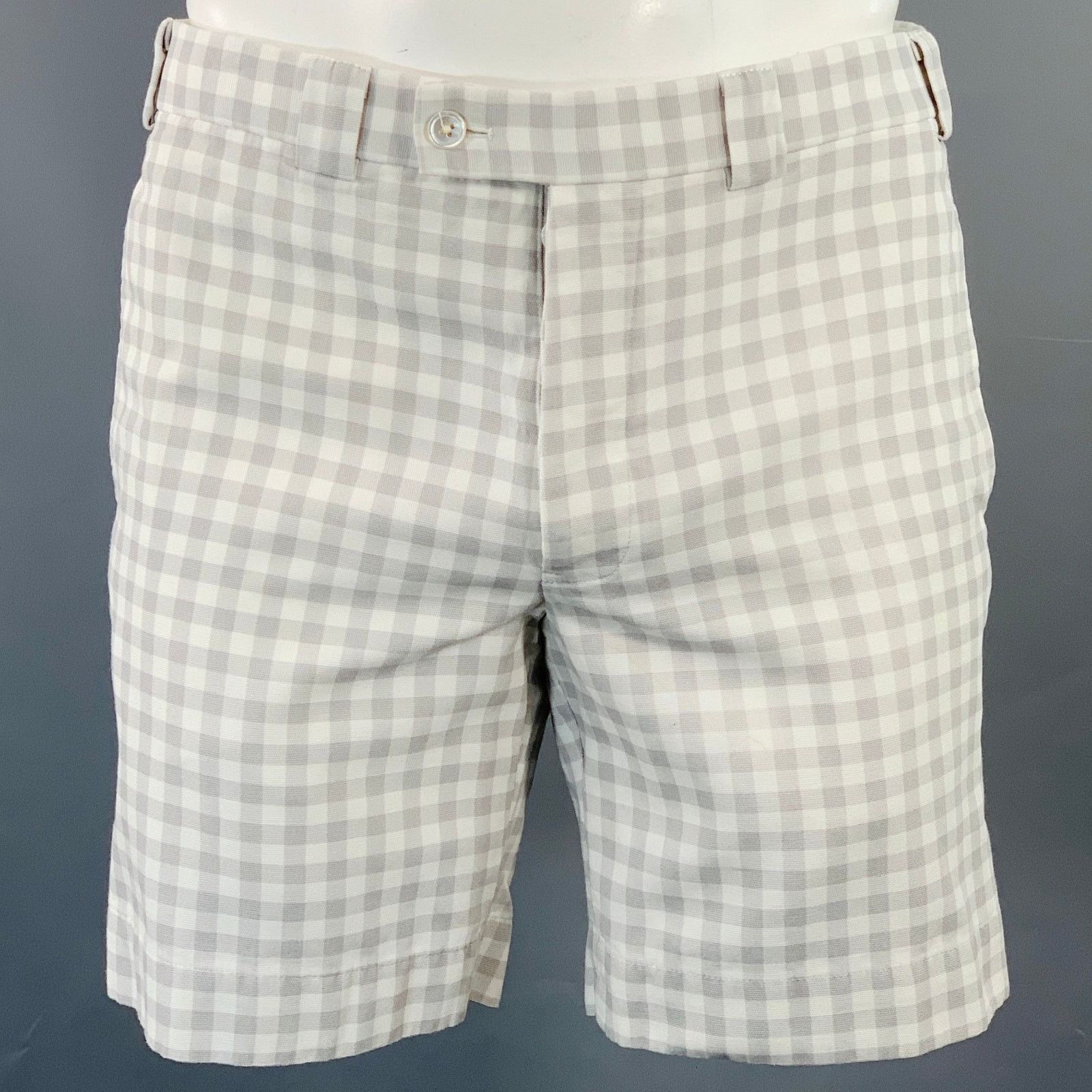 Brooks Brothers Black Fleece BLACK FLEECE Grey White Checkered Cotton Button Fly Shorts Size US 35 - 1 Thumbnail