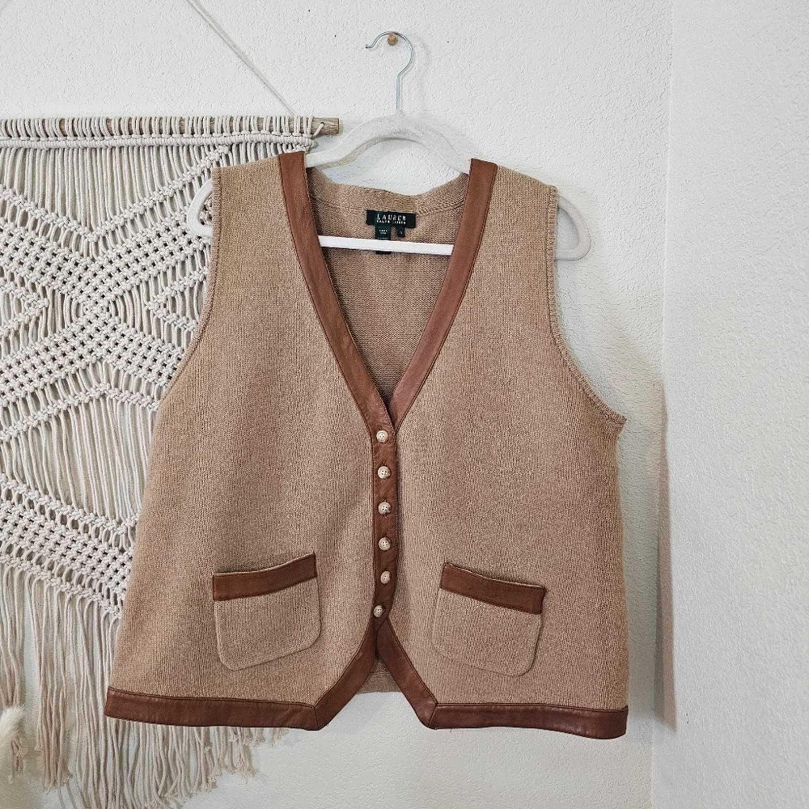 image of Lauren Ralph Lauren VTG Ralph Laurent Wool Cashmere Leather Trim Sweater Vest Tan in Brown, Women's