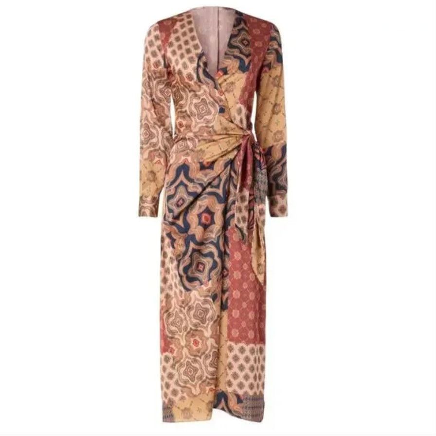 MISA Los Angeles MISA Los Angeles Eliza Patchwork Wrap Dress in Brown, Size S Size S / US 4 / IT 40 - 1 Thumbnail