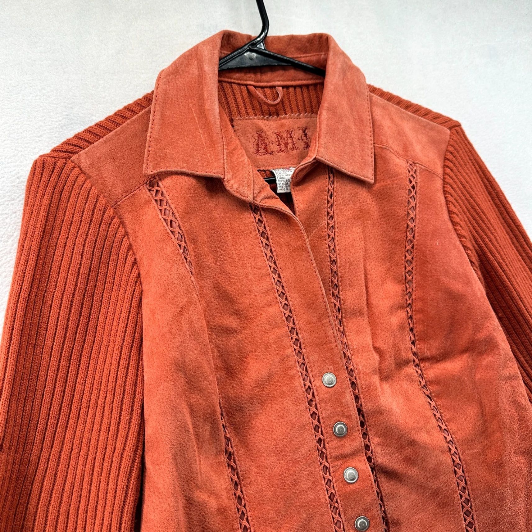 Vintage AMI Jacket Brown Women's M Leather Knitted Long Sleeve Collared Jacket Size M / US 6-8 / IT 42-44 - 4 Thumbnail