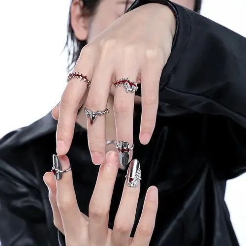 Jewelry 3 piece/Set of Adjustable Ring Irregular Geometric Red Ring Size ONE SIZE - 1 Thumbnail