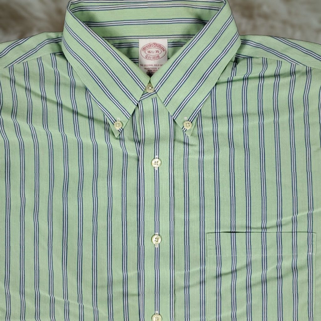 Brooks Brothers VINTAGE Brooks Brothers Shirt Mens 16.5 Green Stripe Regent Dress Button Up Long Sleeve Size 46R - 1 Thumbnail