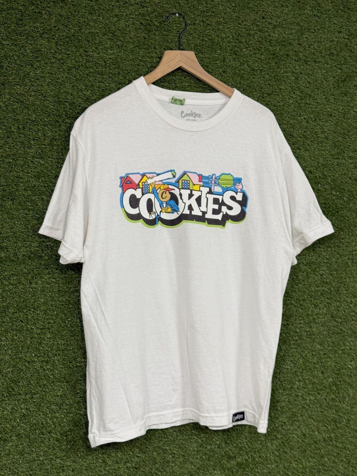 Cookies White Cartoon Logo Joint Grass Tee Large