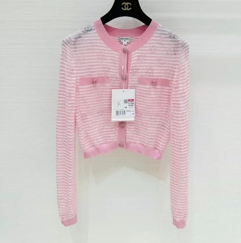 Chanel Chanel 24C pink striped hollow cc knitted cardigan coat Size XXS / US 00 / IT 34 - 1 Thumbnail
