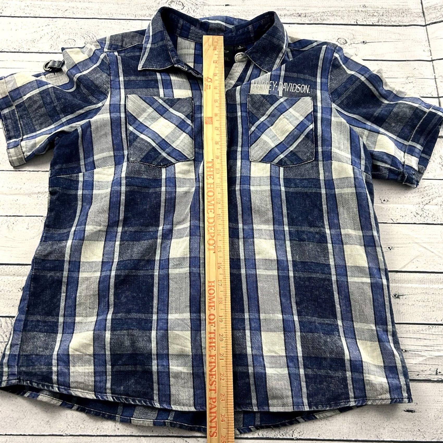 Harley Davidson Harley-Davidson Short Sleeve Plaid Snap Button-Up Shirt Women's L Blue Size L / US 10 / IT 46 - 4 Thumbnail