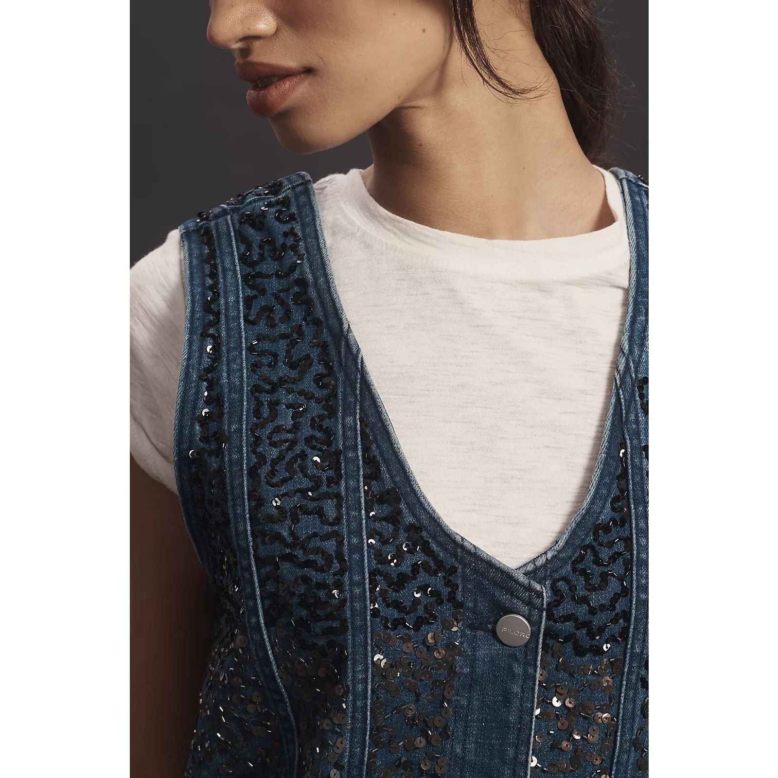 Anthropologie NWT Pilcro Sparkle Denim Button-Front Mini Dress $198 MEDIUM Size M / US 6-8 / IT 42-44 - 3 Thumbnail