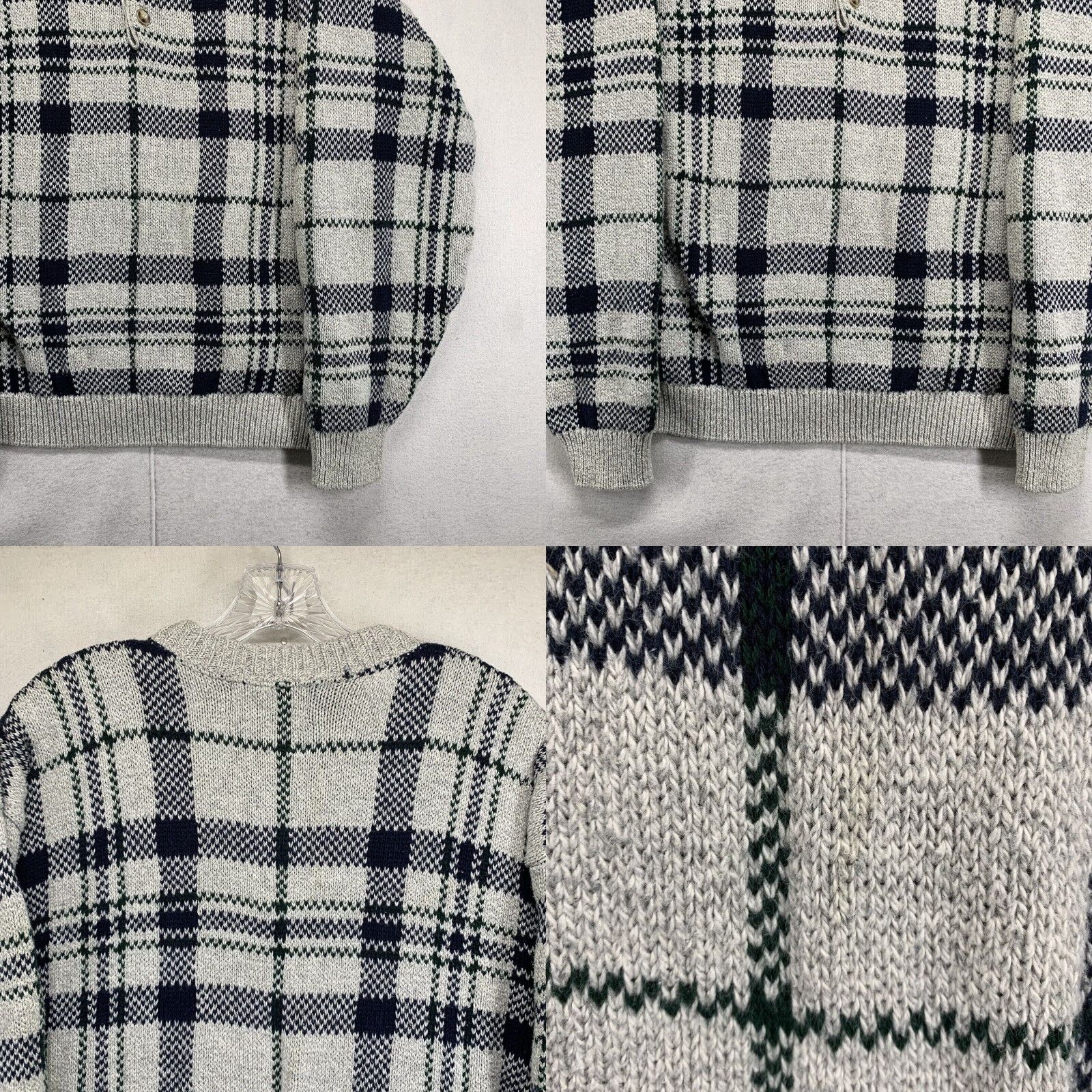 Vintage VINTAGE Liberty By Old Glory Men's Sweater 90s Henley V-Neck Boxy Fit Medium Plaid Gray Green Navy Heavyweight Size US M / EU 48-50 / 2 - 8 Thumbnail