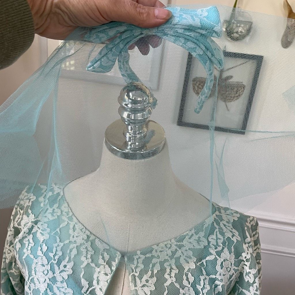 Vintage Vintage 60s Turquoise Blue Ivory Lace Fit & Flare Dress Shru Size XS / US 0-2 / IT 36-38 - 9 Thumbnail