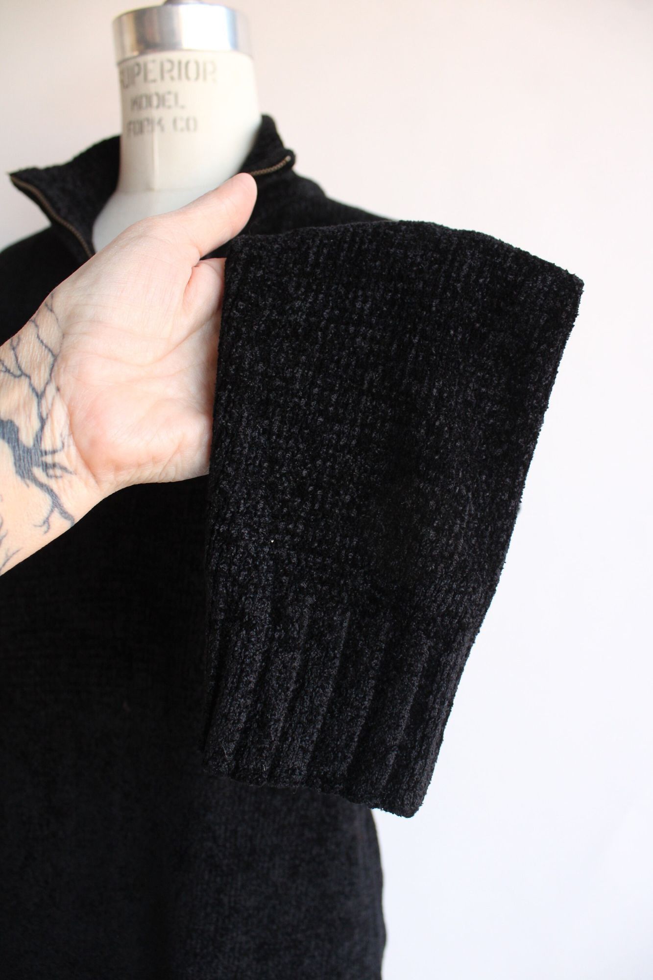 Vintage Vintage 1990s 2000s Sweater, Black Chenille Zipper Mock Neck Size L / US 10 / IT 46 - 10 Thumbnail