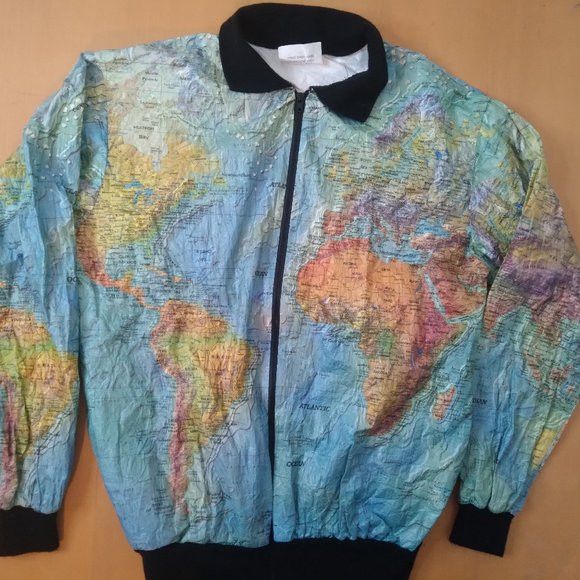 Vintage Vintage World Geography Map Globe Tyvek Windbreaker Jacket ...