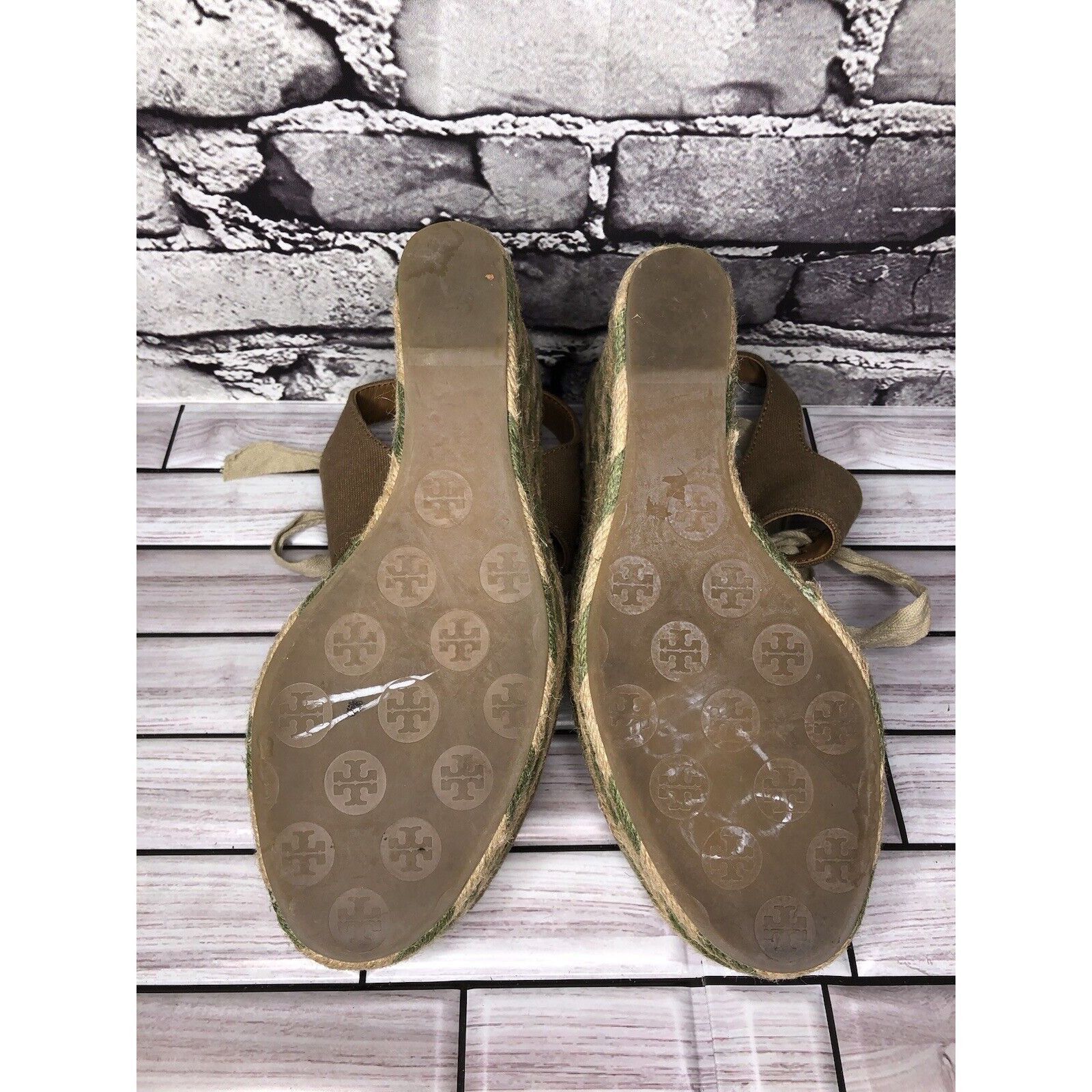 Tory Burch Tory Burch Taupe Canvas Textile Green Tan Espadrilles Wedge Size US 10 / IT 40 - 7 Thumbnail