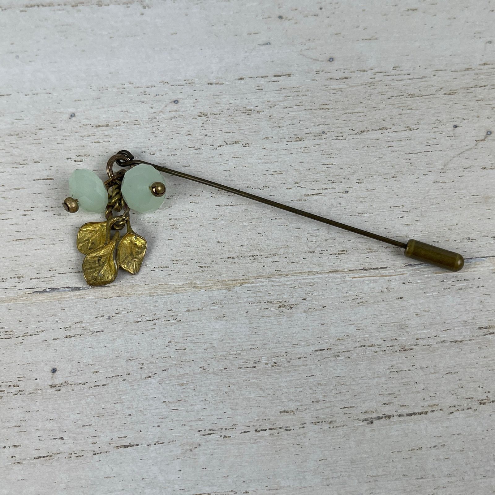 Other Brass Gold Tone Stick Pin Leaves Charm Mint Green Beads Size ONE SIZE - 1 Thumbnail