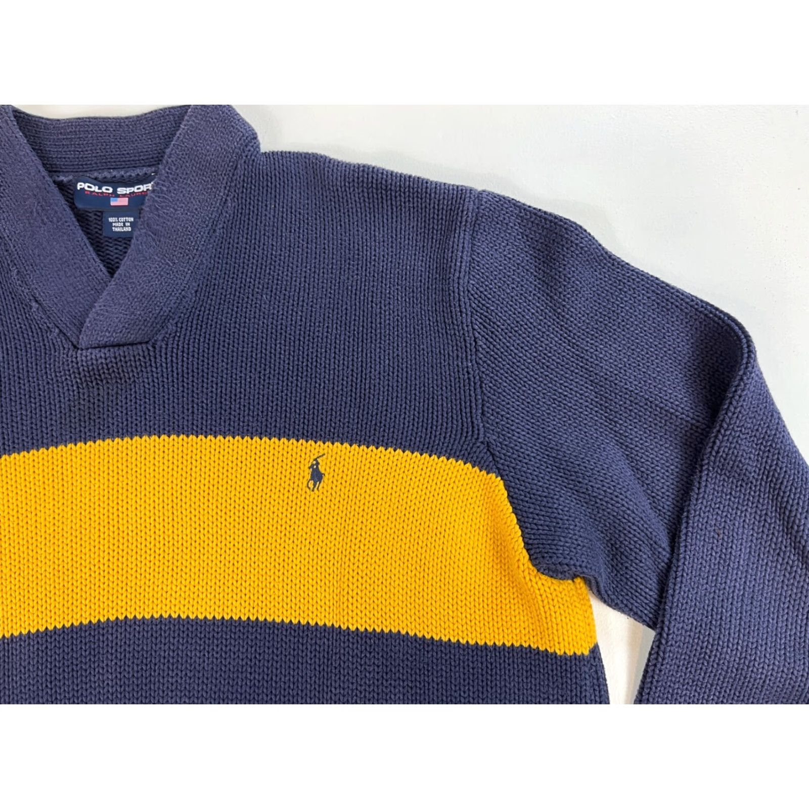 Polo Ralph Lauren VINTAGE Polo Sport Ralph Lauren Shirt Mens XL Navy Blue 90s Striped V-Neck Knit Sweater Pullover Size US XL / EU 56 / 4 - 3 Thumbnail