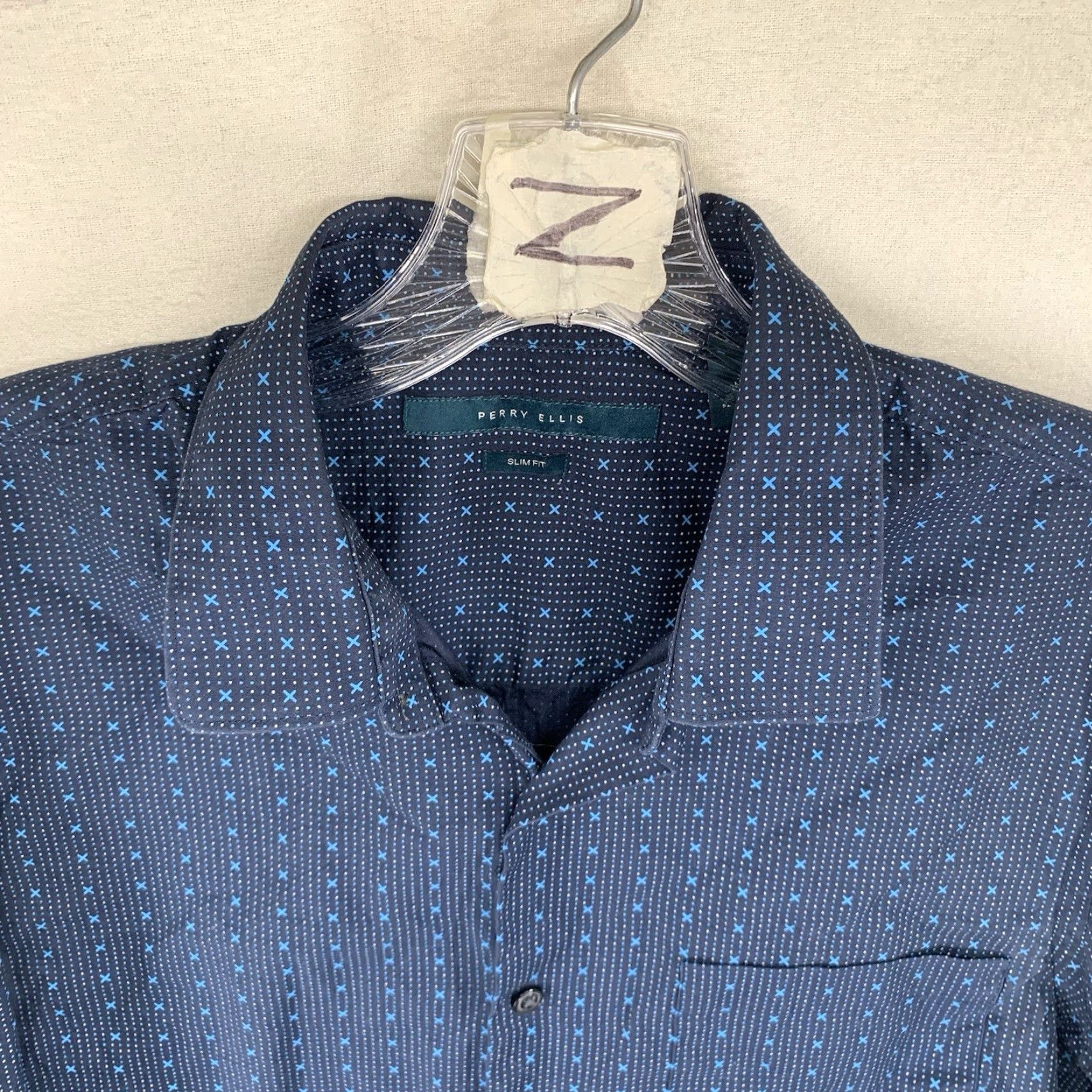 Perry Ellis Perry Ellis Men's Slim Fit Button Down Shirt 100% Cotton Dark Midnight Blue Geometric Pattern Size US M / EU 48-50 / 2 - 3 Thumbnail
