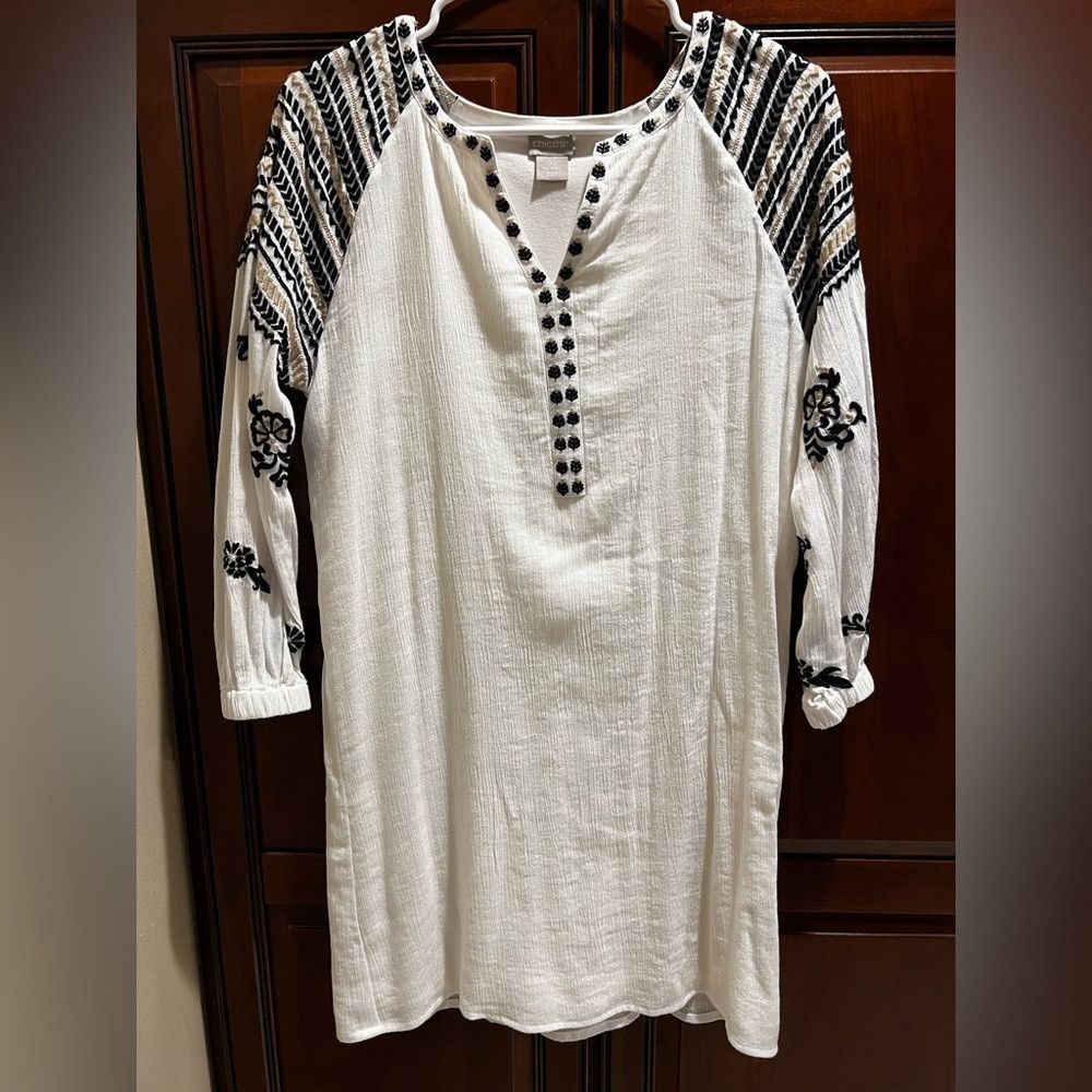 Chicos Chicos White Black Embroidered Lined Tunic Dress - 00 Size XXS / US 00 / IT 34 - 1 Thumbnail